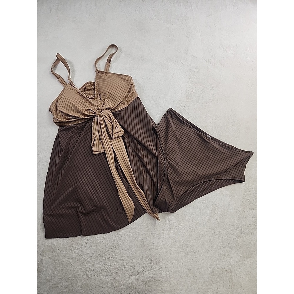Unbranded Color Block Brown/cream 2 Pc Ribbed Swimsuit 1XL